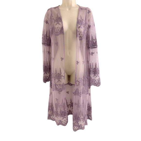 Purple Bohemian Sheer Embroidered Kimono Mesh Lace Duster Size L Festival Boho - Picture 1 of 6